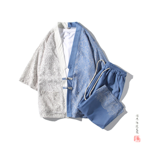 A3017*大码爆2021中国风拼色数码 冰丝 开衫套装 汉服套装p90图片