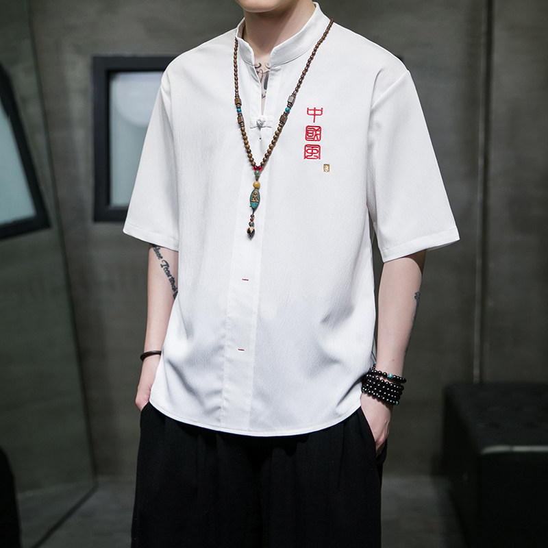 现货特P50冰丝白色 V领  风夏2026 汉服 男士短袖T恤A861图片
