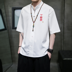 现货特P50冰丝白色 V领  风夏2026 汉服 男士短袖T恤A861图片