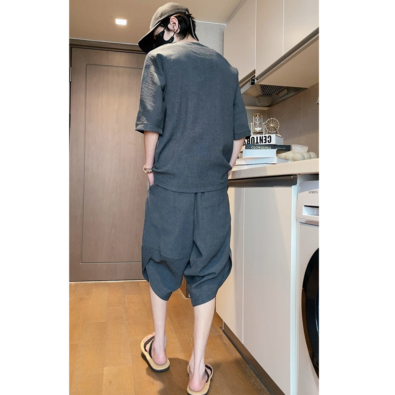 风夏季2026冰丝树皮皱T恤+七分裤哈伦裤套装特价A3002-P70,男装牛仔裤,钱塘7008(原4008)