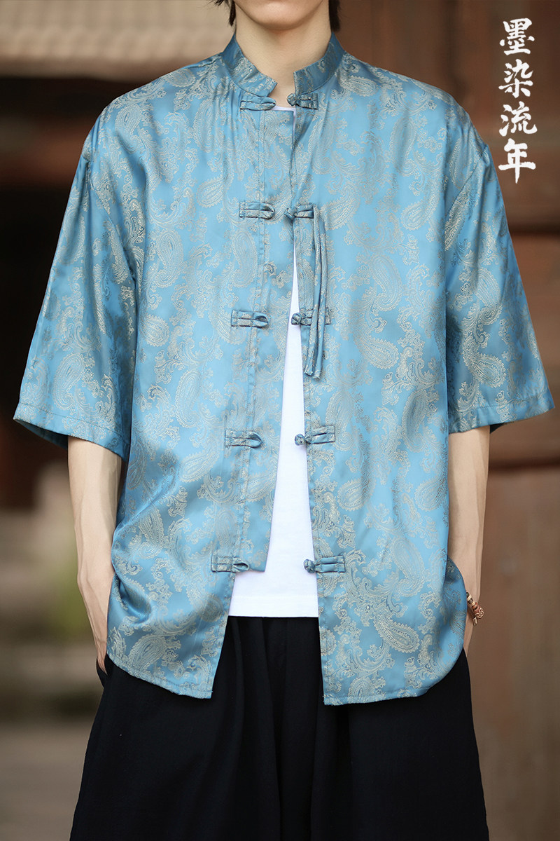 2色八角提花夏季新品2025风汉服短袖衬衫/衬衣A686-p48,男装衬衫,钱塘7008(原4008)