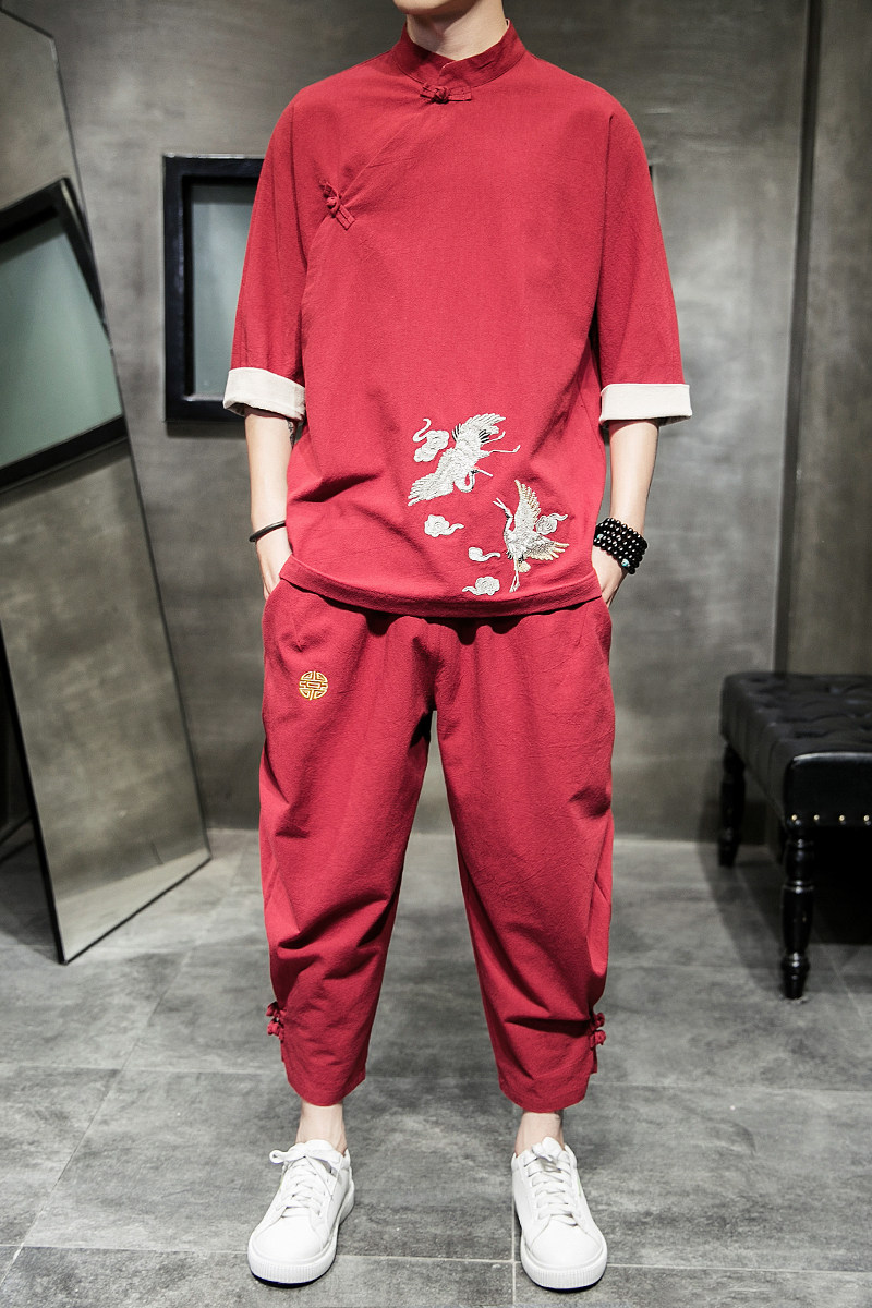风2026夏仙鹤刺绣棉麻T恤+九分裤短袖套装A736-P100,男装T恤,钱塘7008(原4008)