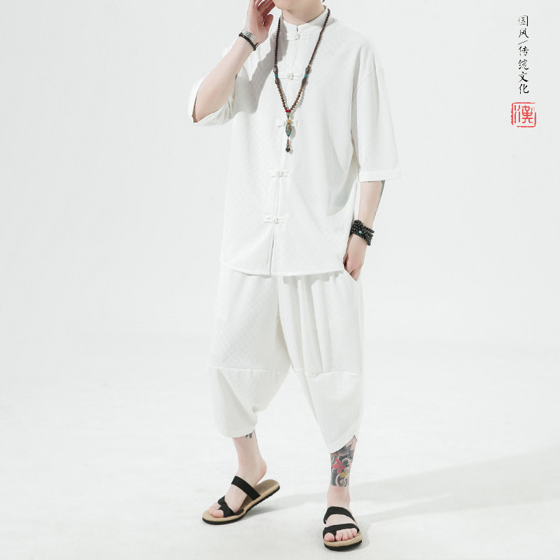 2026风夏季方格提花冰丝垂感短袖汉服套装A9002-p70,男装T恤,钱塘7008(原4008)