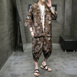 A3004*大码中国风 沙滩休闲 3色 棉麻印花 短袖开衫套装p80图片