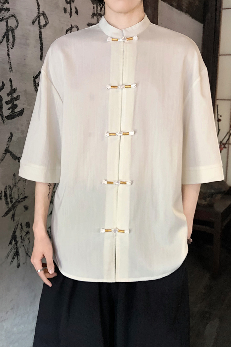 跑量竹节仿麻百搭单色夏2026风汉服短袖衬衫/衬衣A810-p45,男装T恤,钱塘7008(原4008)