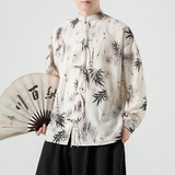 新中式2026春水墨竹白底风汉服盘扣长袖衬衫A905*P68，男装衬衫，钱塘7008(原4008)