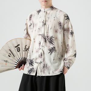 新中式2026春 水墨竹 白底 风    汉服盘扣长袖衬衫A905*P68图片