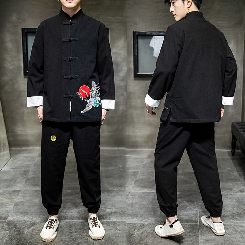 A1013风秋冬2021飞鹤刺绣棉麻盘扣/唐装/汉服套装,男装民族服装,钱塘7008(原4008)