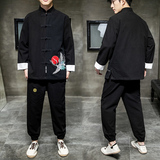 A1013风秋冬2021飞鹤刺绣棉麻盘扣/唐装/汉服套装，男装民族服装，钱塘7008(原4008)