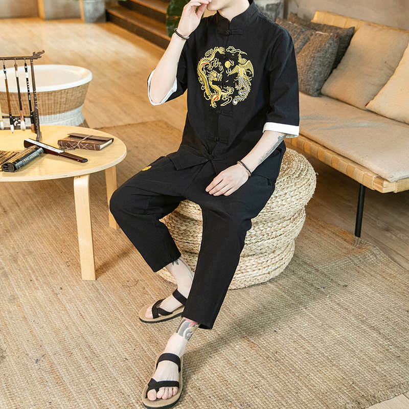 A1040*咖啡厅中国风2021龙凤刺绣短袖T恤+七分裤套装P100,男装休闲套装,钱塘7008(原4008)