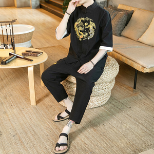 A1040*咖啡厅中国风2021龙凤刺绣 短袖T恤+七分裤套装P100图片