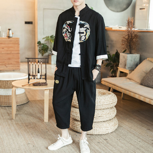 A733*咖啡厅2021大码中国风 刺绣款 棉麻盘扣 汉服套装p100图片