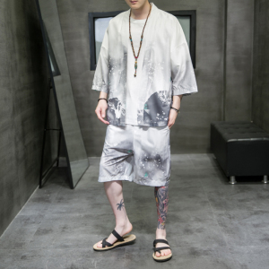 A3029*大码夏季男2021中国风 山水画 冰丝面料 汉服套装p80图片