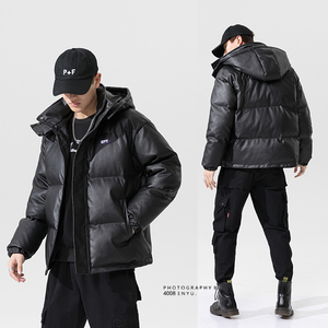 J200*冬装新品2021冬装连帽大码百搭皮衣棉衣外套,黑色短裙搭配裸色鞋图片