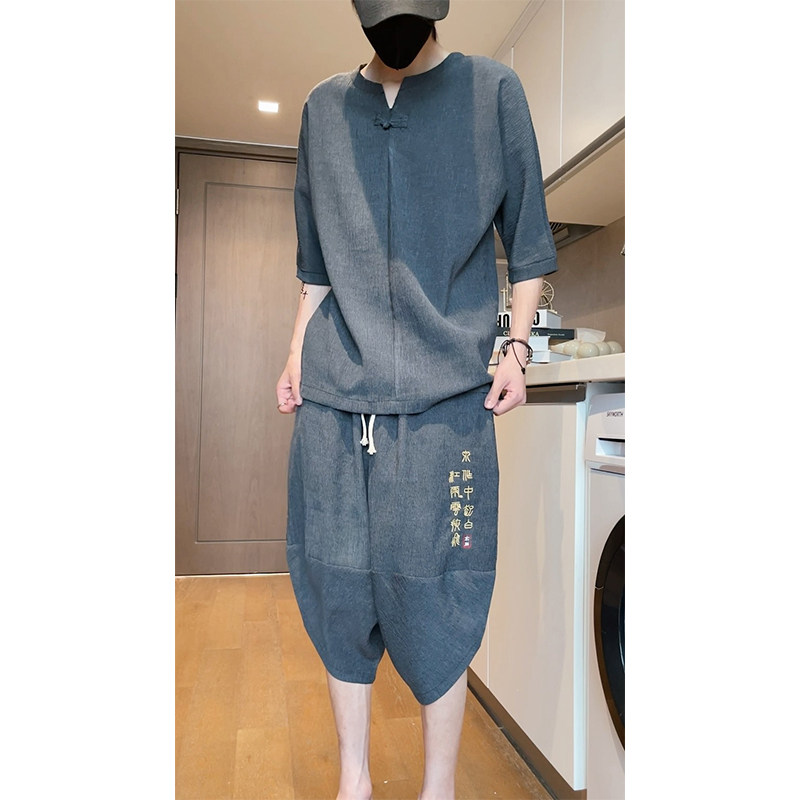 风夏季2026冰丝树皮皱T恤+七分裤哈伦裤套装特价A3002-P70，男装牛仔裤，钱塘7008(原4008)