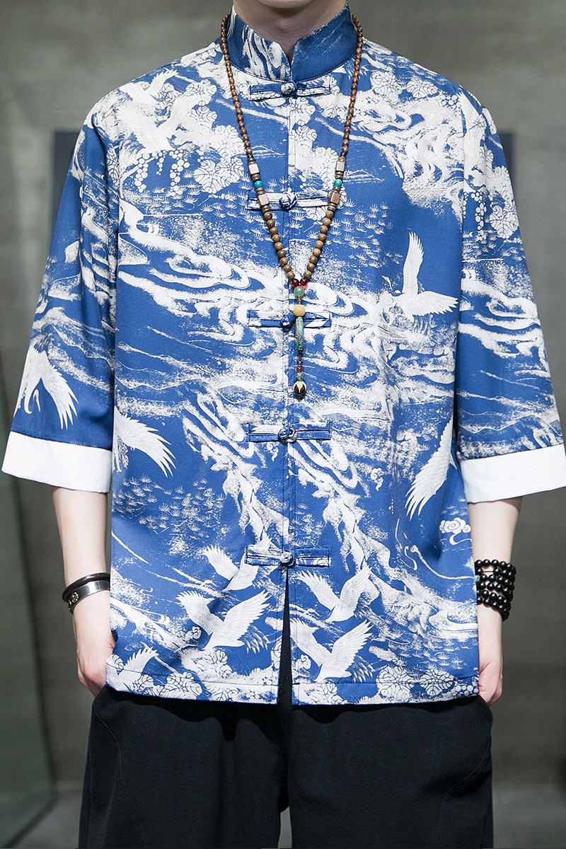 风2026抗皱冰丝夏季盘扣新汉服短袖衬衫/衬衣A878*p60,男装T恤,钱塘7008(原4008)