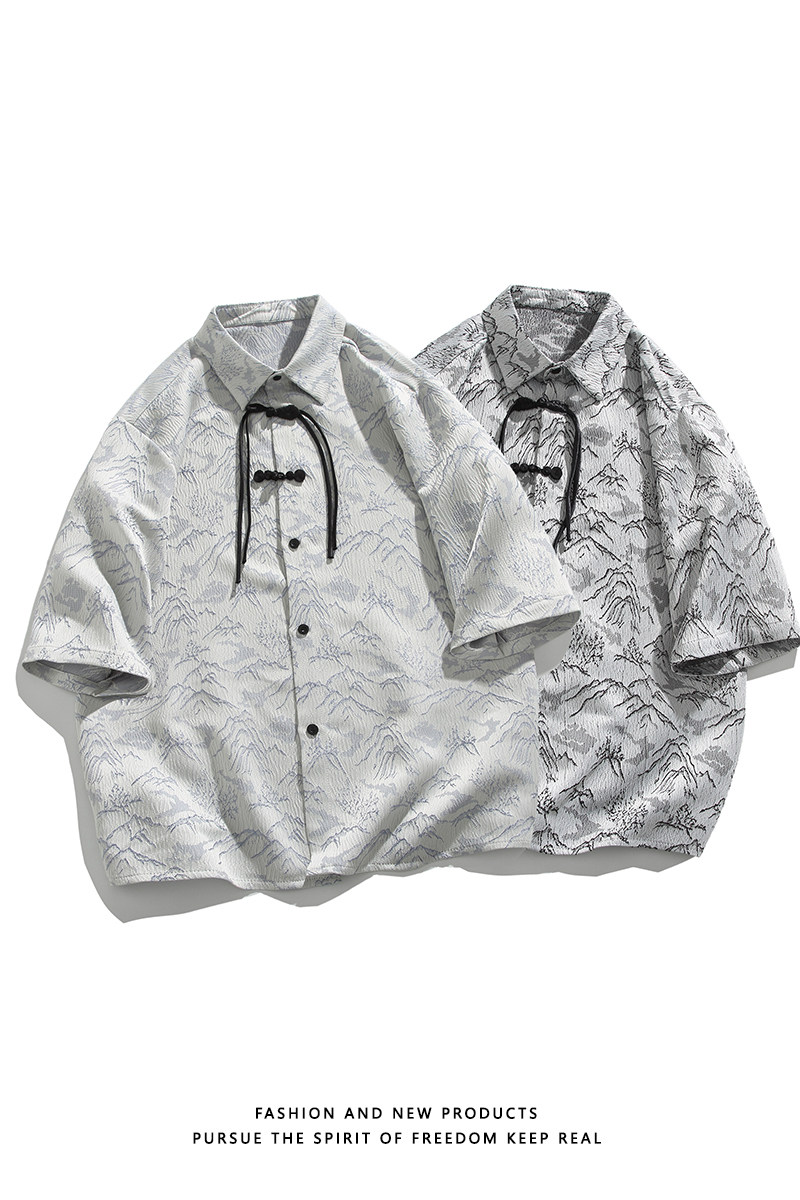 山水提花防皱冰丝夏2025风汉服短袖衬衫/衬衣A819-p65,男装衬衫,钱塘7008(原4008)