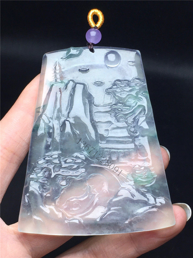 高冰种飘花山水牌子飘阳绿满雕玉佩翡翠白冰蓝水玉挂件男女款送人