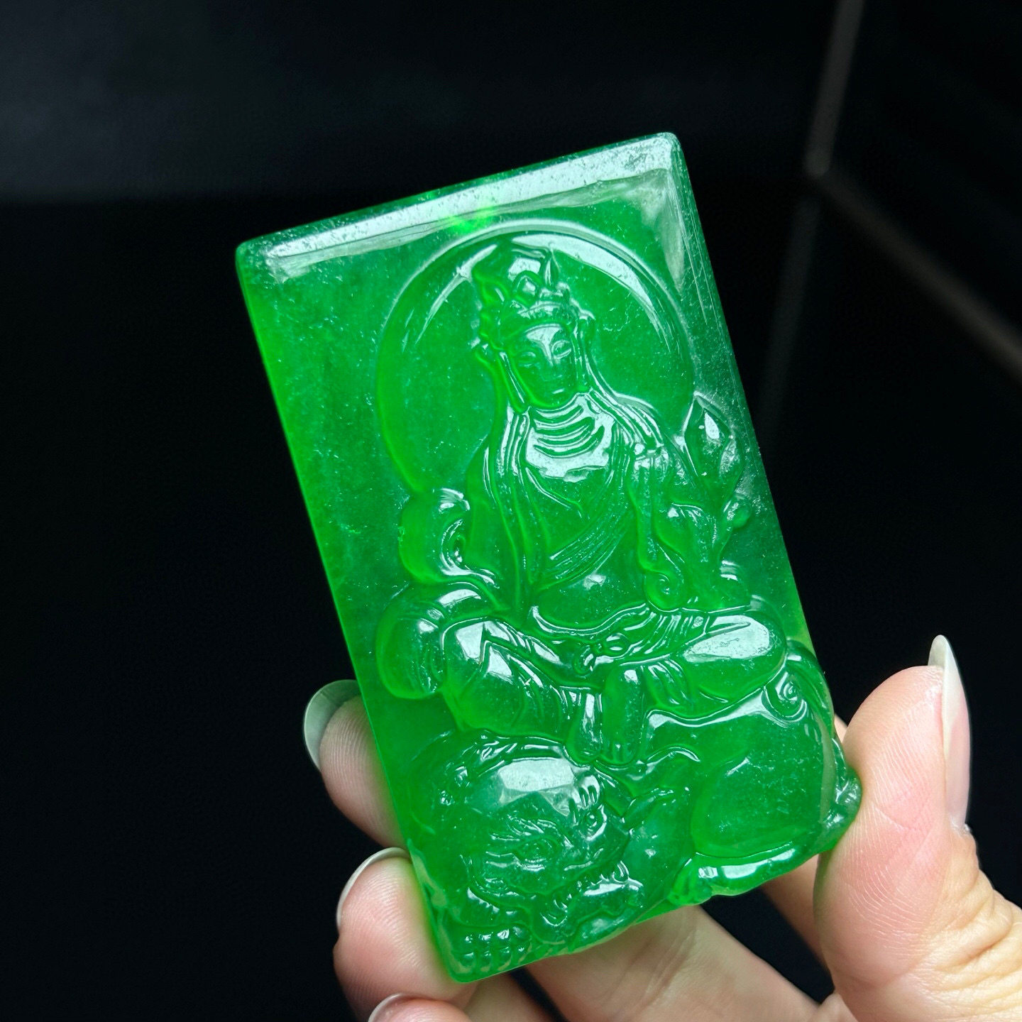 缅甸翡翠色高冰帝王绿冰种满绿观音吊坠男款玉石挂件文殊菩萨吊牌