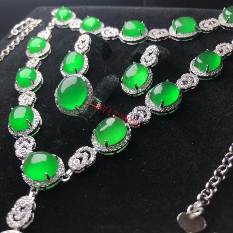 缅甸翡翠四件套老坑冰种帝王绿翡翠玉石吊坠戒指项链链925银镶嵌