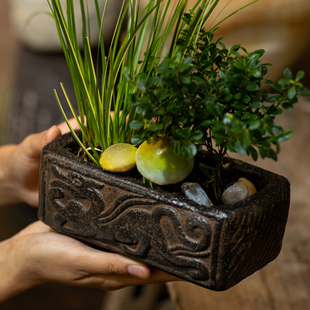 长方形复古小花盆做旧侘寂风非陶瓷花盆陶盆粗陶透气水泥绿植花器