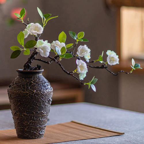 复古中式海棠花假花茶室装饰摆件