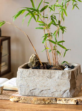 仿石头花盆竹子花器水泥侘寂风
