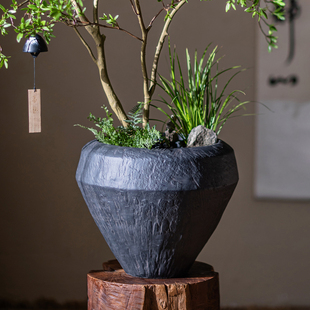 复古花盆大号黑色禅意中式侘寂风客厅绿植花器茶室落地装饰摆件