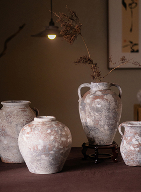 仿古粗陶罐花瓶茶室插花装饰摆件