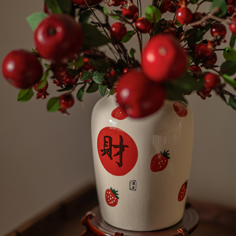 喜庆花瓶摆件新年装饰客厅水培插花器皿中式复古陶瓷花瓶高级感