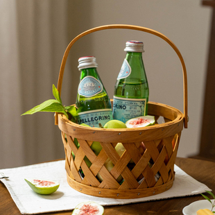 手提篮仿竹编花篮编织收纳筐藤编木片法棍篮拍照造景装 饰篮子摆件