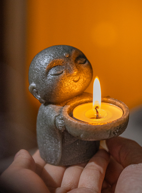 复古小和尚烛台摆件创意小沙弥蜡烛台座中古风桌面装饰礼物工艺品