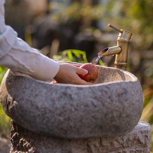 复古中式仿石材台上盆圆形单孔水龙头大容量洗手盆人造石台盆