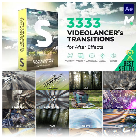 3333个扭曲透视变焦旋转故障无缝转场AE脚本 Transitions v10.1
