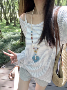 休闲宽松露肩上衣 bear熊熊 店 慵懒风蓝白条纹斜肩长袖 T恤女夏季