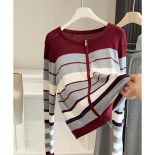 chic韩系气质双拉链撞色条纹长袖针织开衫女士春季新款打底衫上衣