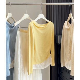 小众纯欲性感假两件斜肩蕾丝拼接针织衫女春修身露肩长袖T恤上衣