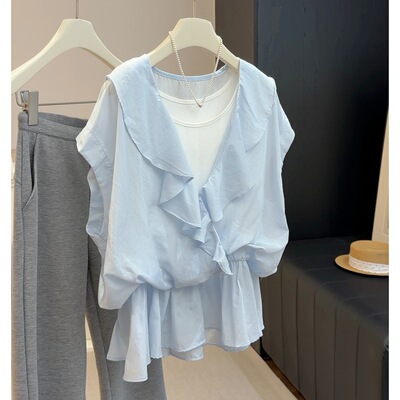 法式荷叶边短袖衬衫女夏季设计感收腰显瘦拼接假两件漂亮小衫上衣