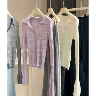 紫色Polo翻领六羊毛坑条针织打底衫女春新款坑条修身显瘦内搭上衣