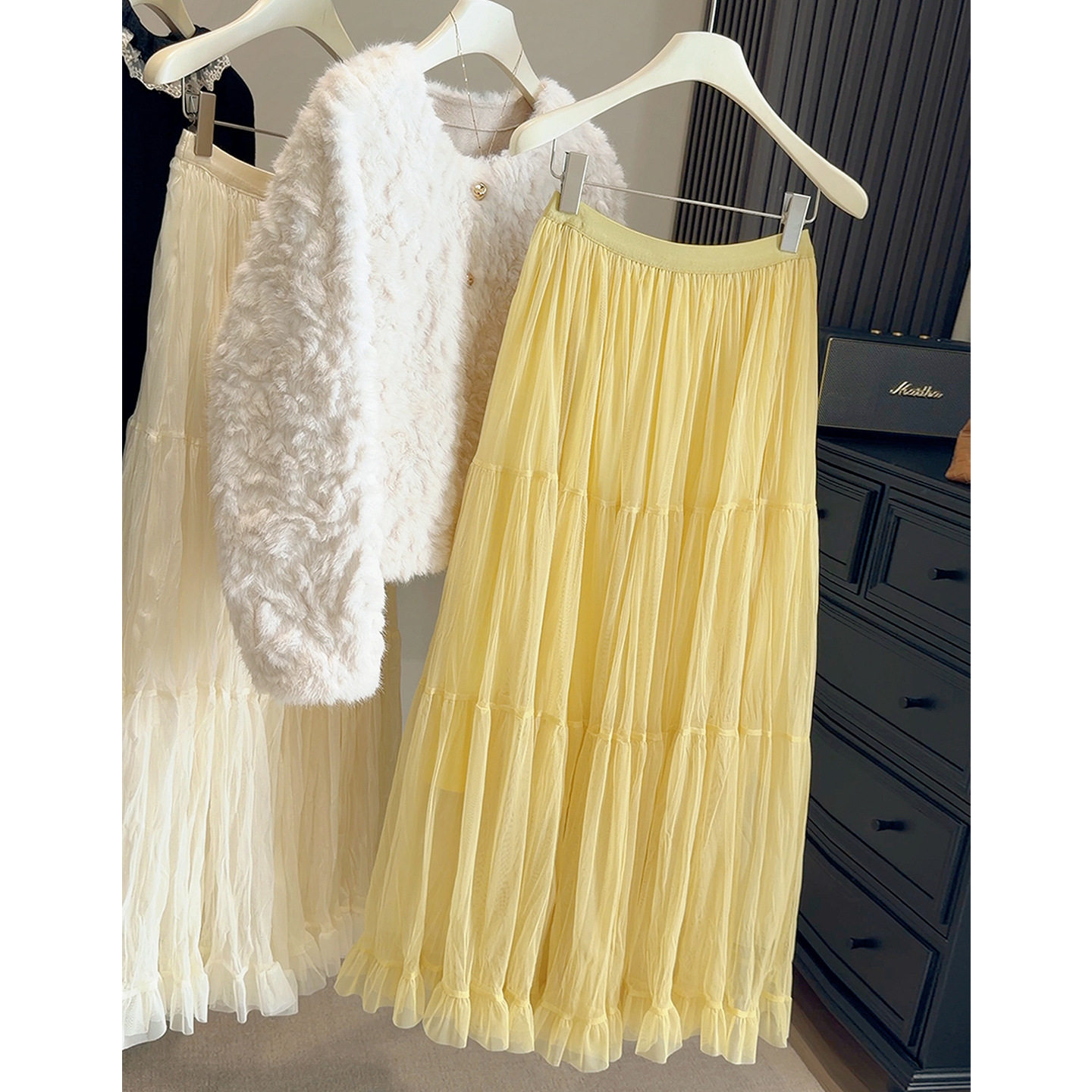 韩系慵懒风松紧腰压褶蛋糕裙女春秋季新款修身显瘦温柔大摆裙长裙