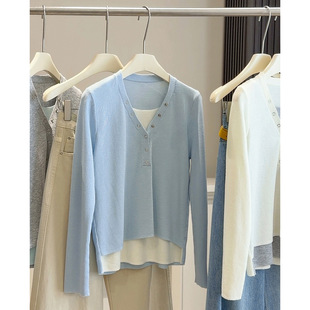 春季新款设计感撞色假两件长袖针织衫女叠穿修身显瘦长袖打底上衣