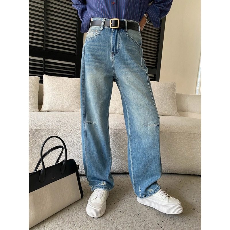 海曼早春新款女复古水洗解构立裁分割窄版直筒破洞牛仔裤HSN86215,女装/女士精品,牛仔裤,淘宝优惠券,粉丝福利购,淘宝优惠卷