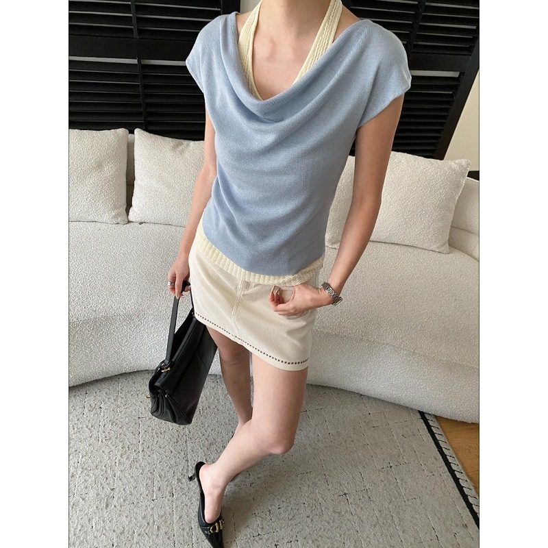 海曼女早春新款设计感挂脖假两件荡领修身显瘦短袖针织衫HSN58632,女装/女士精品,毛针织衫,淘宝优惠券,粉丝福利购,淘宝优惠卷