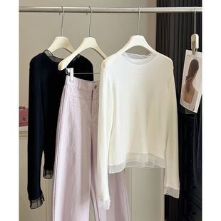 六羊毛网纱拼接针织打底衫女春季新款薄内搭修身微透软糯长袖小衫