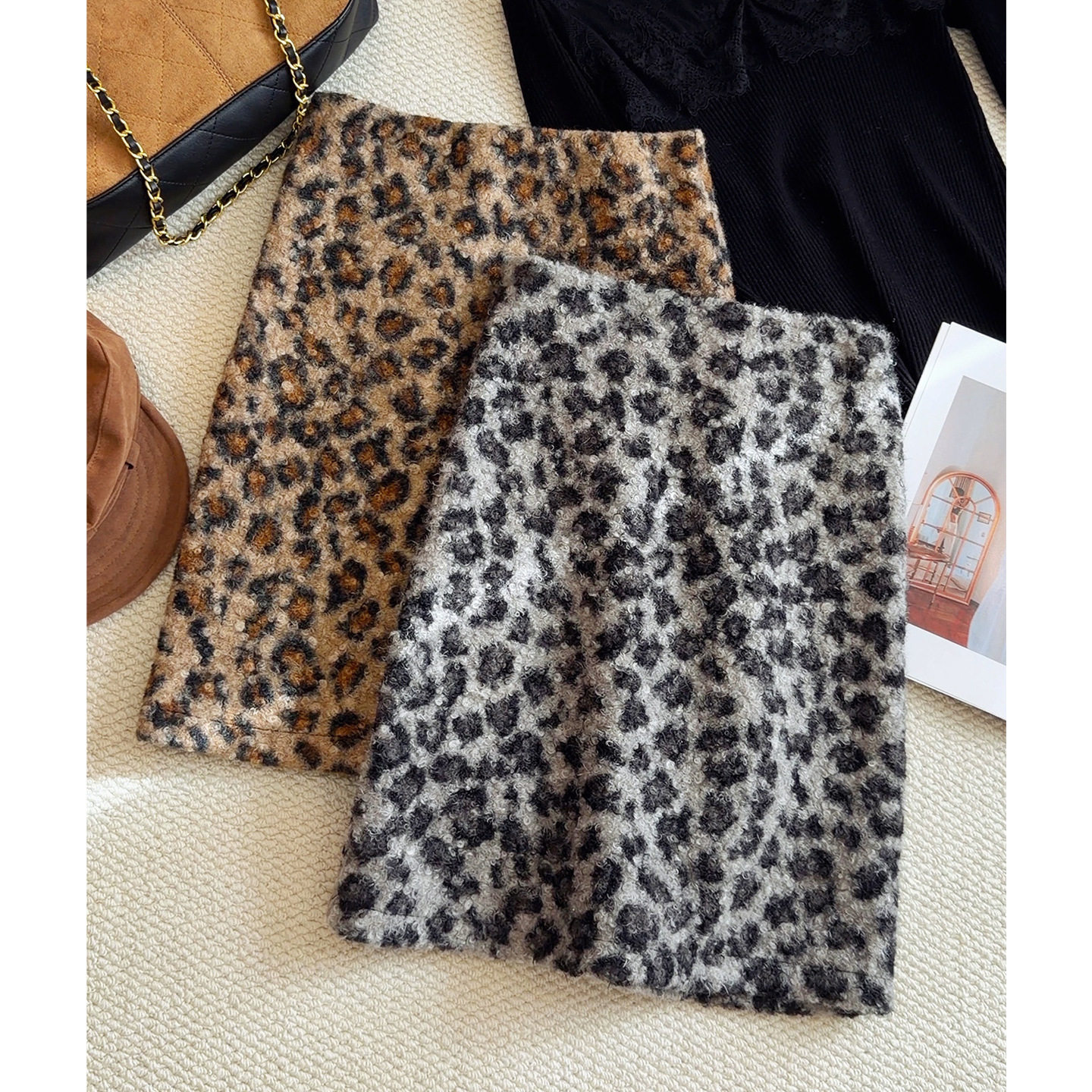 复古时髦显瘦毛绒质感豹纹半身裙女25秋冬新款松紧腰a字包臀中裙