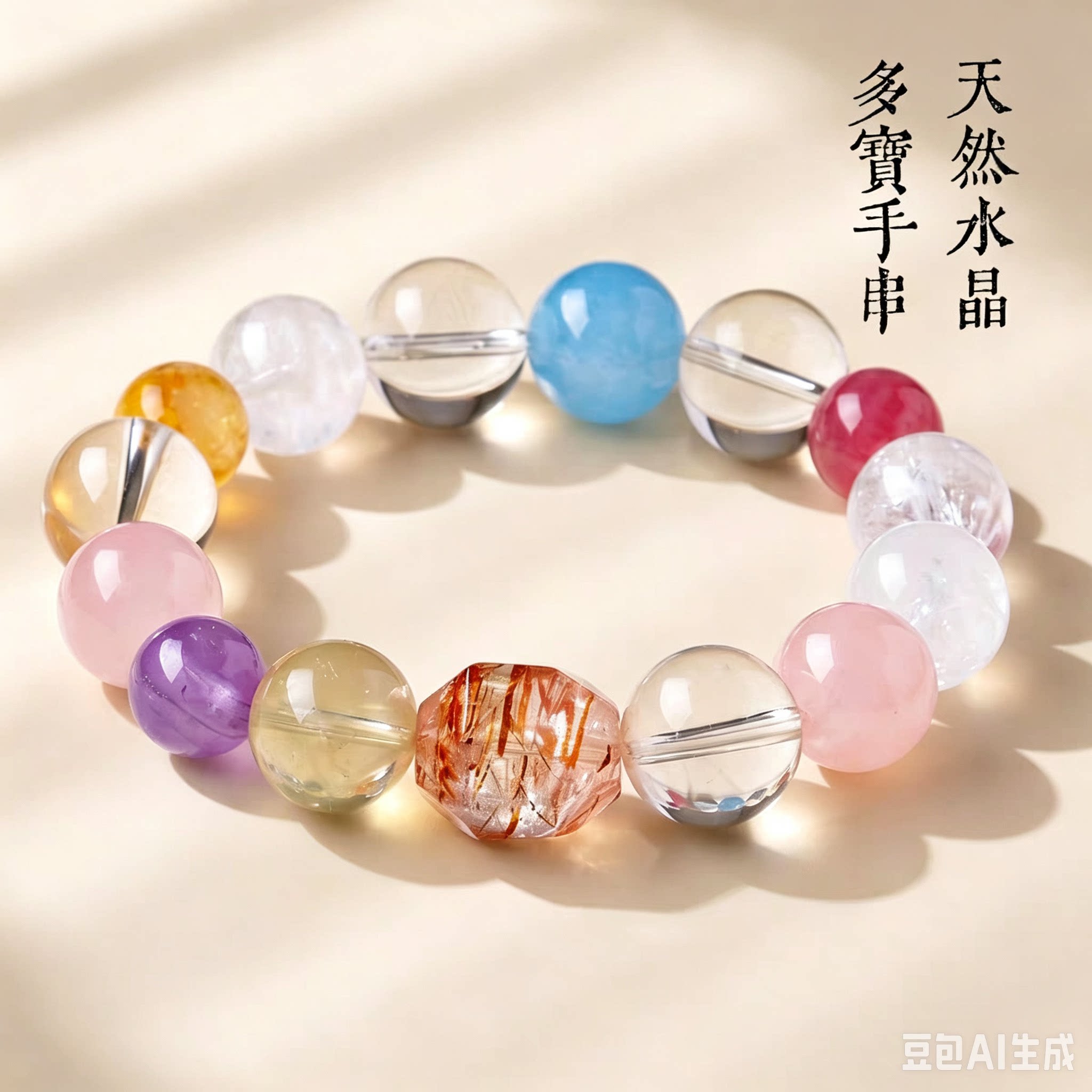 天然白水晶超七多宝的串珠女款多巴胺圆珠紫黄水晶手链饰品