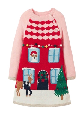【国内现货】Mini Boden女童女孩圣诞树粉色羊毛针织毛衣裙连衣裙