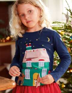 【国内现货】Mini Boden 女童女孩全棉长袖T恤 圣诞主题立体贴花