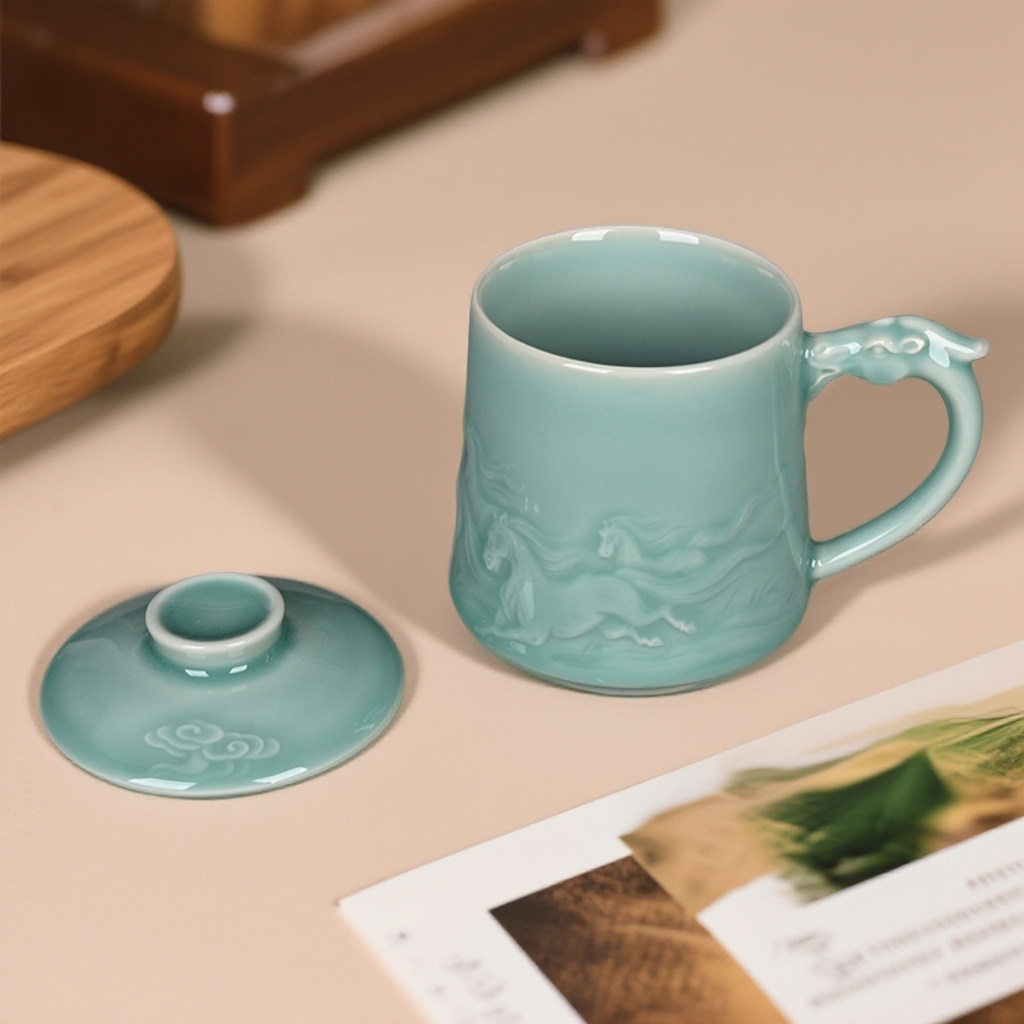 精品家用青瓷马年礼品泡茶水杯