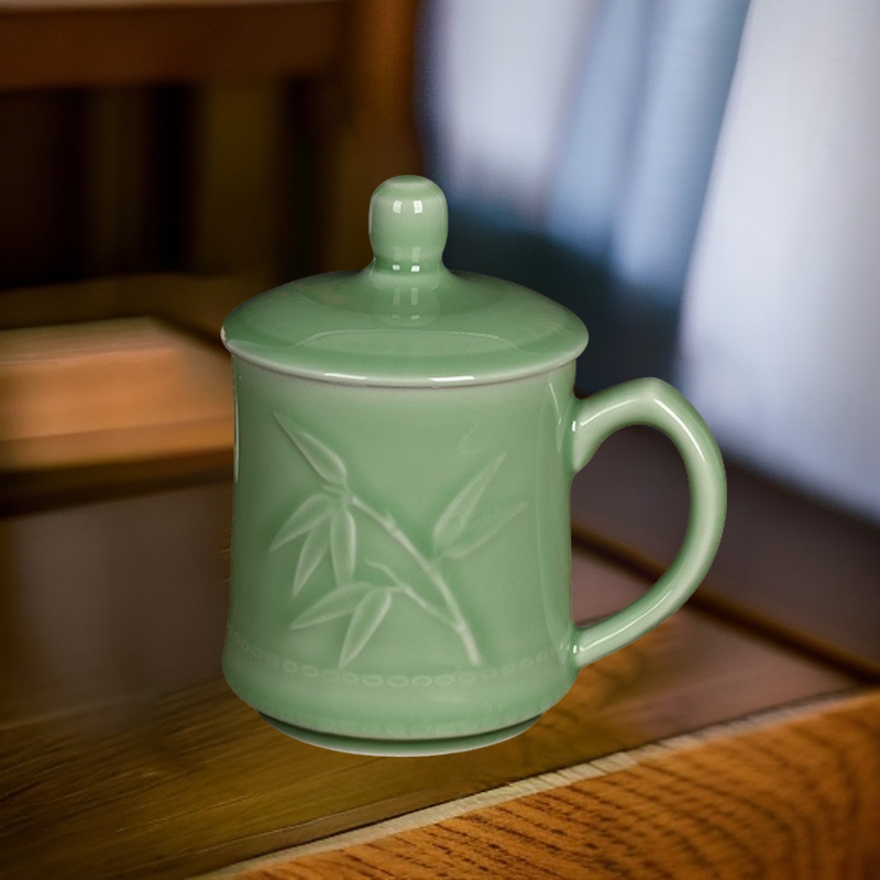 青瓷竹报平安会议茶杯